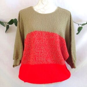 Vintage Sweater Red Tan Textured Oversized Chunky Knit Color Block Plus Size 1X